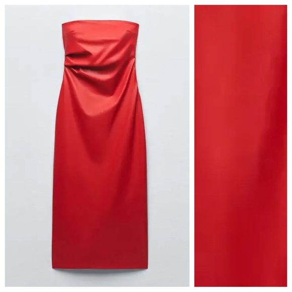 NWOT. Zara Red Faux Leather Off-the-Shoulder Midi Dress. Size S. - Picture 2 of 12